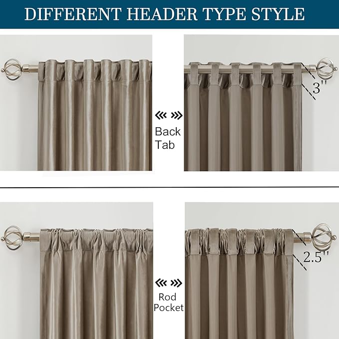 PRIMROSE Taupe Curtains 72 inch for Living Room,2 Panels Velvet Drapes Blackout Rod Pocket Back Tab Window Treatment Room Darkening Decorative Thick Curtains for Bedroom