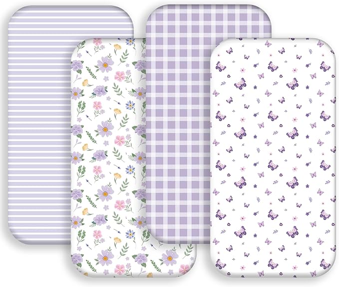 4 Pack Butterfly Baby Crib Sheets for Baby Girls Purple Crib Fitted Sheets for Standard Size Crib and Toddler Mattress Soft and Breathable (Bassinet)