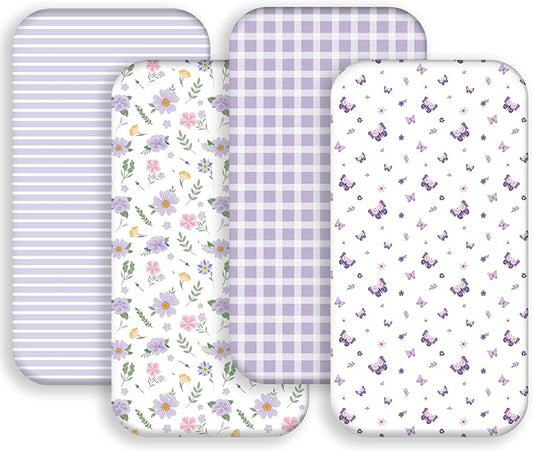 4 Pack Butterfly Baby Crib Sheets for Baby Girls Purple Crib Fitted Sheets for Standard Size Crib and Toddler Mattress Soft and Breathable (Bassinet)