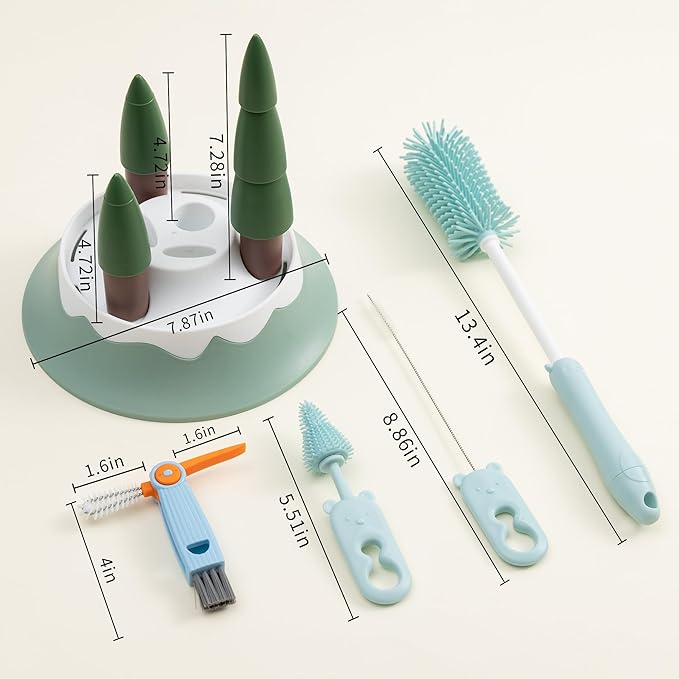 Chemimoso Baby Bottle Drying Rack and Cleaning Set, with Straight Silicone Baby Bottle Brush, Pacifier Brush, Straw Brush, Cup Lid Cleaning Brush, 2025 Xmas Holiday Surprise Gift for Newmom, Z Blue