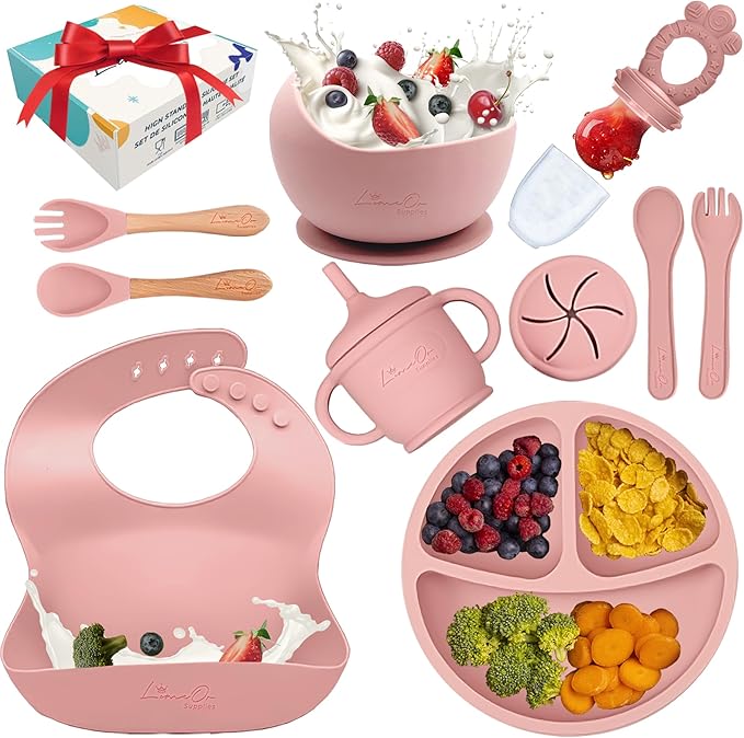 Silicone Baby Feeding Set, 10 Pcs Baby Led Weaning Supplies | BPA-Free Baby Dishes with Toddler Plates and Bowls Set, Silicone Bib, Suction Cup, Baby Spoons & Forks | Empower Independence – Pink