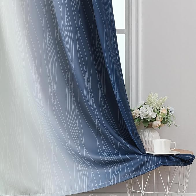 Estelar Textiler Sage Green and Navy Blue Gradient Blackout Curtains for Bedroom 96 Inch Length 2 Panels Set, Thermal Insulated Ombre Drapes, Full Light Blocking Curtains for Living Room,52Wx96L