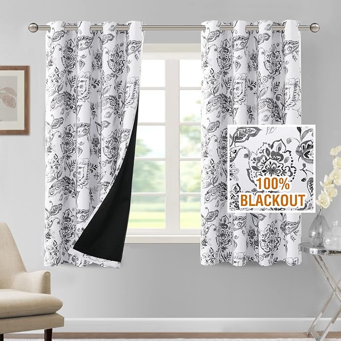H.VERSAILTEX 100% Blackout Curtains for Bedroom Paisley Floral Printed Curtains 63 Inches Long Grommet Curtains & Drapes Thermal Curtains Window Treatments with Black Liner 2 Panels, Grey