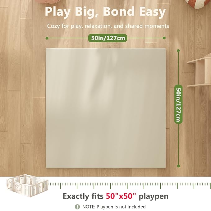 Padded Baby Play Mat, 1.3 Inch Thicken Foam Cushioned & 50 x 50 Waterproof Playpen Mat for Infants and Toddlers, Stylish and Just Wipe-Clean Playmat for Baby Play on Floor, Beige