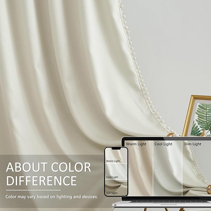 Treatmentex Pom Pom Blackout Curtains Ivory Curtains for Nursery Room Darkening Curtain Drapes 54" Short Window Curtain Set for Living Room Bedroom 2 Panels