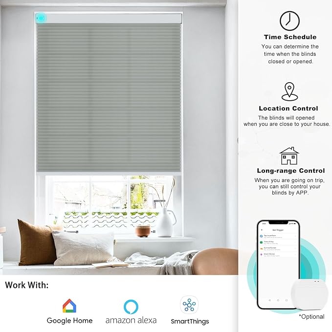Changshade Smart Motorized Blinds Cellular Shades Remote Control Work with Alexa, Google Home, Smarthings, Custom Size Auto Electric Power Automatic for Indoor Windows Doors, Light Filtering, Grey