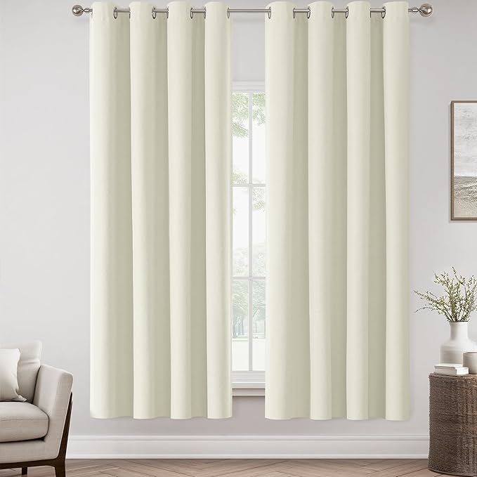 ChrisDowa 100% Blackout Ivory Solid Curtains 72 Inches Long 2 Panels for Bedroom Living Room,Farmhouse Room Darkening Thermal Insulated Soundproof Grommet Top Window Treatment Drapes,52x72