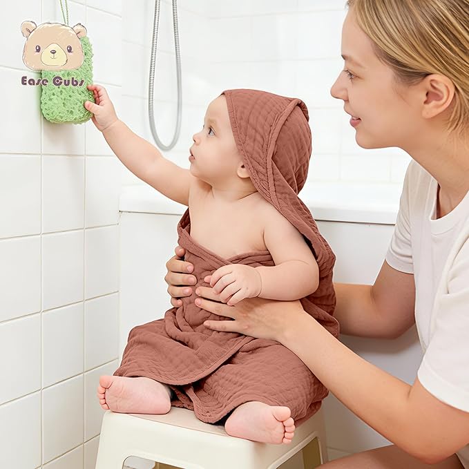 3-Pack Muslin Hooded Baby Towels, 100% Cotton, Ultra-Soft & Absorbent Baby Bath Towels with Hood for Babies, Infant, Toddler and Newbron (Bean Paste Series,32" x 32")