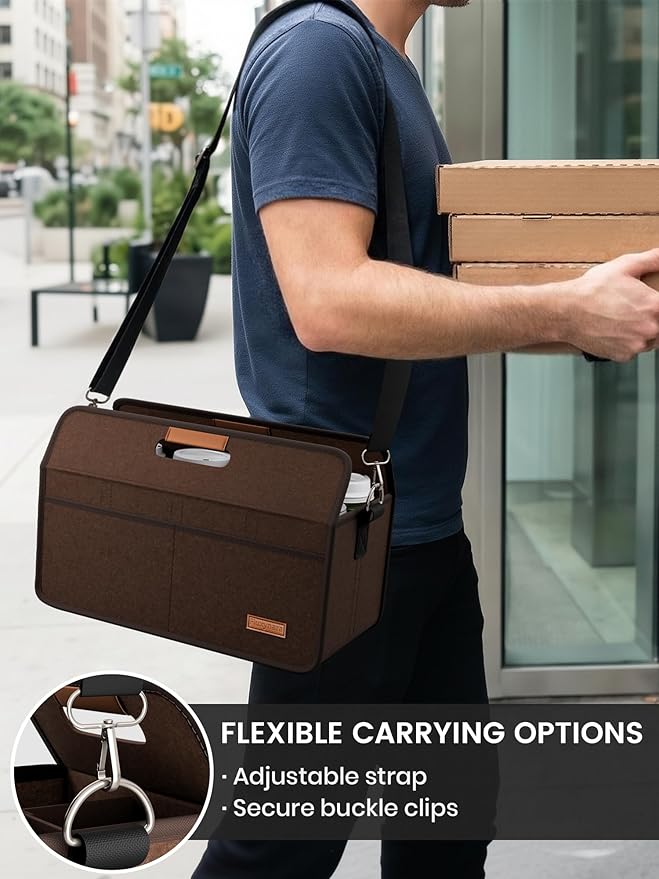 Fluxynara 8-Cup Reusable Felt Drink Carrier with Handle and Adjustable Shoulder Strap, Drink Holder for Car, Multi-Cup Drink Carrier Bag for Delivery, Travel, Picnics (Coffee Brown)