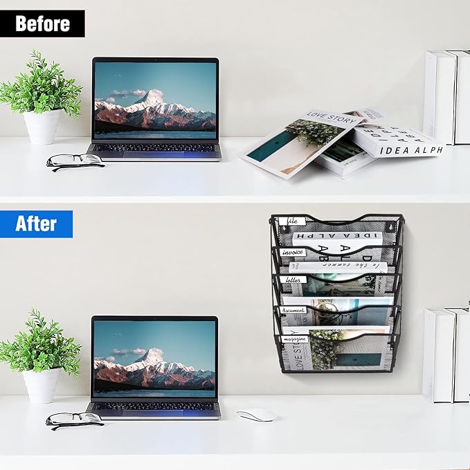 Wall File Organizer 5 Pockets, Mail Organizer, Hanging Folder Holder, Foldable | Hanging or Wall Mounted | Label Panel | 2 Hooks | Office Home School Organizer, Black