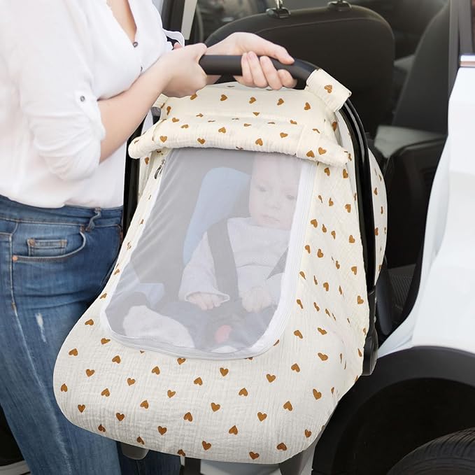 Hooyax Muslin Car Seat Cover Baby, Summer Car Seat Covers for Babies, Infants, and Newborns, Ultra Soft Breathable Universal Fit Stroller Carseat Canopy Covers for Boys Girls (Heart)
