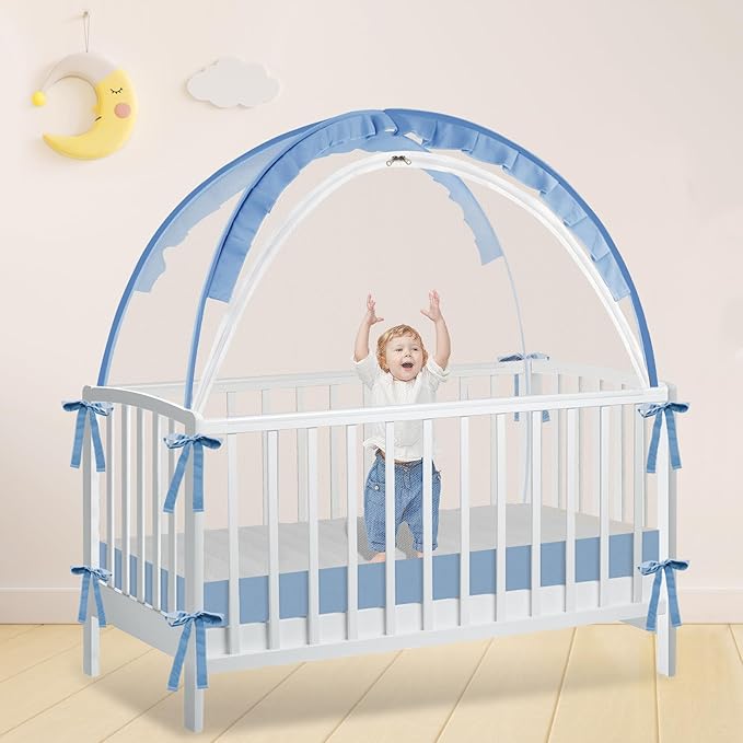 Crib Tent - Crib Net to Keep Baby in, Stop Baby from Climbing Out of Crib, Pop Up Crib Tent with Durable Breathable Net Double Zipper Strong Rods Installation Convenience