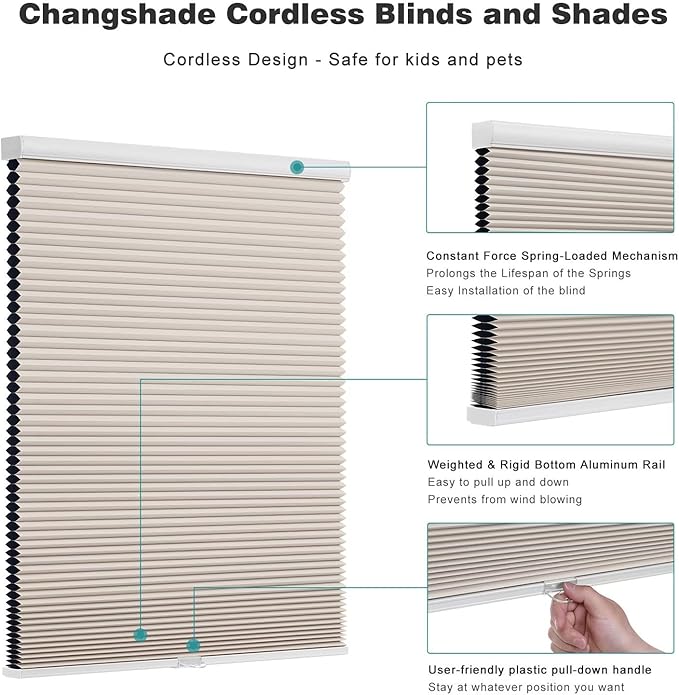 Changshade Cordless Cellular Shades, Blackout Honeycomb Shades for Windows, Pull Down Pleated Blinds, Easy to Install for Indoor Windows and French Doors,26" W x 64" H, Beige