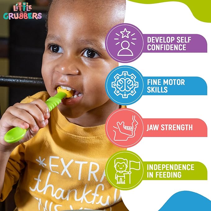 Little Grubbers 3-in-1 Silicone Baby Spoon Self Feeding 6+ Months - Pediatric OT Designed Teether Spoon, BPA Free Toddler Utensils, Mess-Free, Fun for Baby Led Weaning Supplies, Cow & Tiger