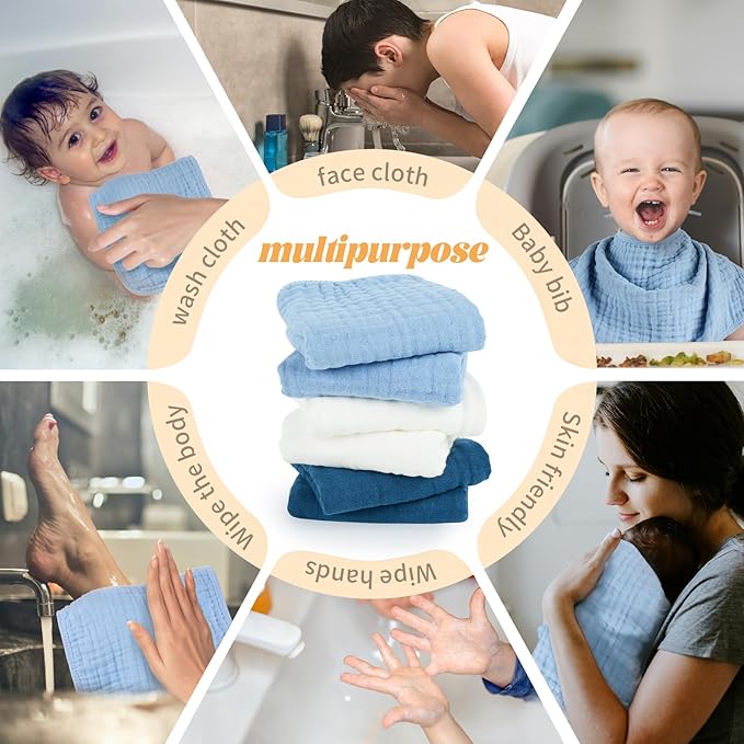MIGIOL Baby Burp Cloth 100% Cotton Newborn Cotton Muslin Burp Cloth 10x20 inches (White & Blue 6 Pieces)
