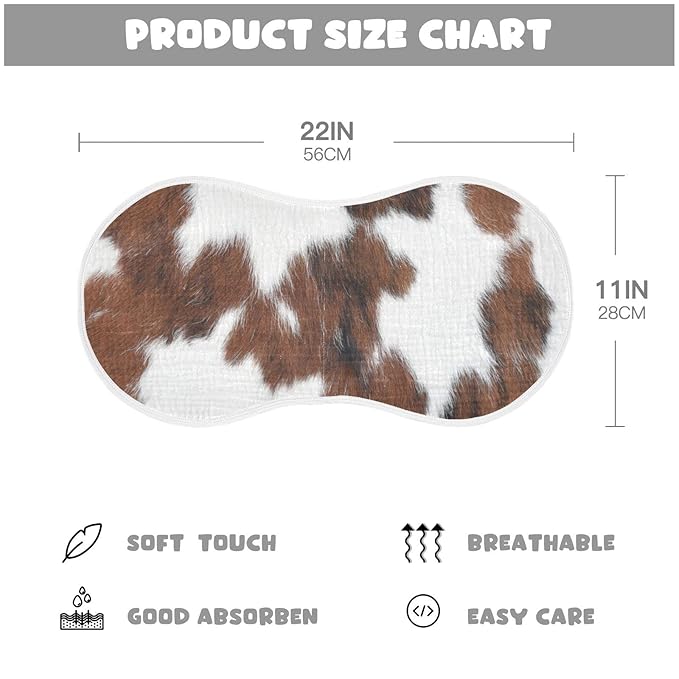 WELLDAY Muslin Baby Burp Cloths Set of 4, Soft Absorbent White Brown Print Cow Muslin Washcloths, Bibs, Face Towel for Newborn Boys Girls, 22 x 11 Inch