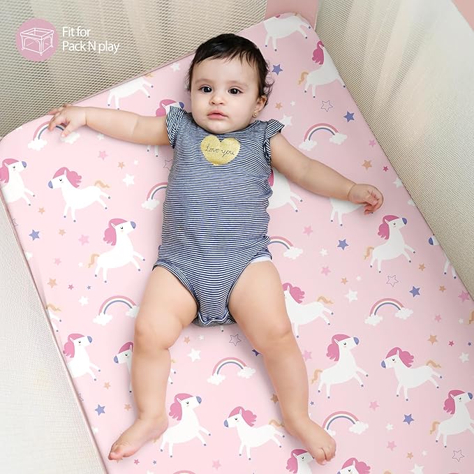 Baby Mini Crib Sheets Girl, Portable 38”x26” Pack and Play Sheets Fitted for Playard and Pack N Play Mattress, 3-Pack Soft Microfiber Pink Purple Rainbow