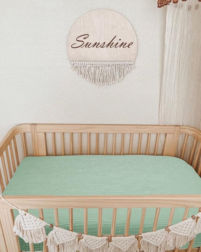 Mini Crib Sheets for Baby, Fitted Pack N Play Mattress and Mini Cribs 24" x 38", Neutral Muslin Cotton Mini Crib Mattress Sheet with Boho Style, Soft and Breathable Comfort (Sage)