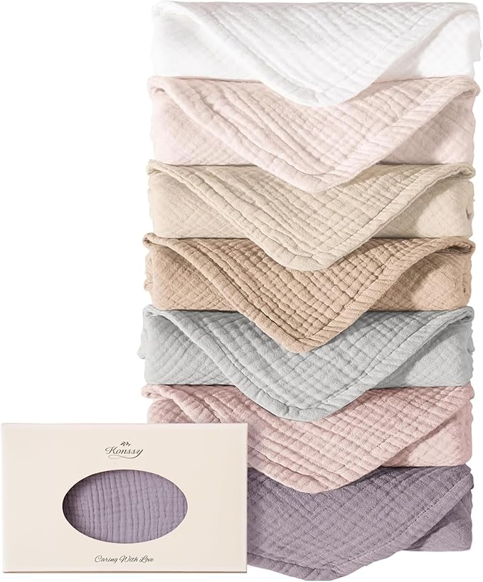 Konssy Muslin Baby Burp Cloths Sets for Unisex- 7 Pack Soft 100% Cotton Burping Clothes for Newborn，Baby Girls and Boys