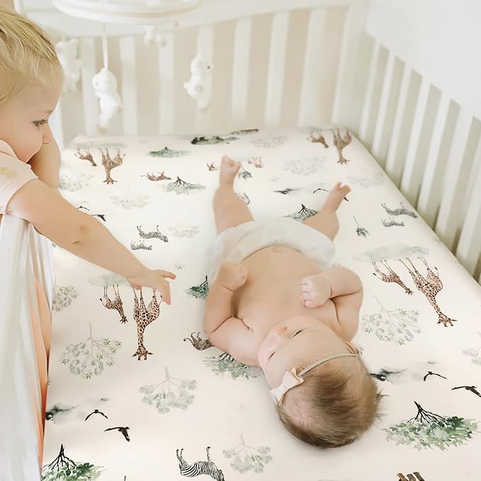 Stretch Ultra Soft Jersey Knit Fitted Crib Sheets Set 2 Pack，Fit All Standard Crib Mattress Pads Safe and Snug, Crib Fitted Sheet for Baby, Stylish African Savannah Animals Pattern