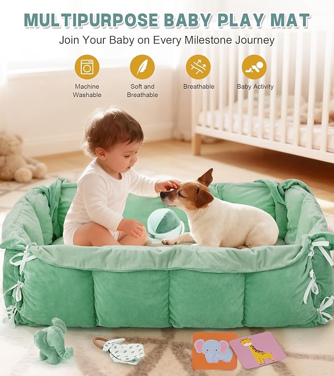 5-in-1 Baby Play Gym and Tummy Time Mat, Tummy Time Pillow & 12 Learning Cards, Plush Activity Mat with 6 Toys, Baby Gym, Convertible to Ball Pit, Baby Gift, Sage Green
