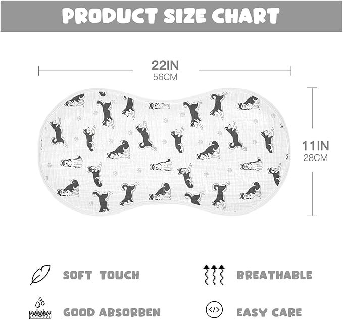 Qinllo 2 Pack Muslin Burp Cloths Husky Dogs White Cotton Baby Burp Cloths Extra Absorbent and Soft Thick Burping Cloth for Newborn Babies Boys Girls 22x11 Inch