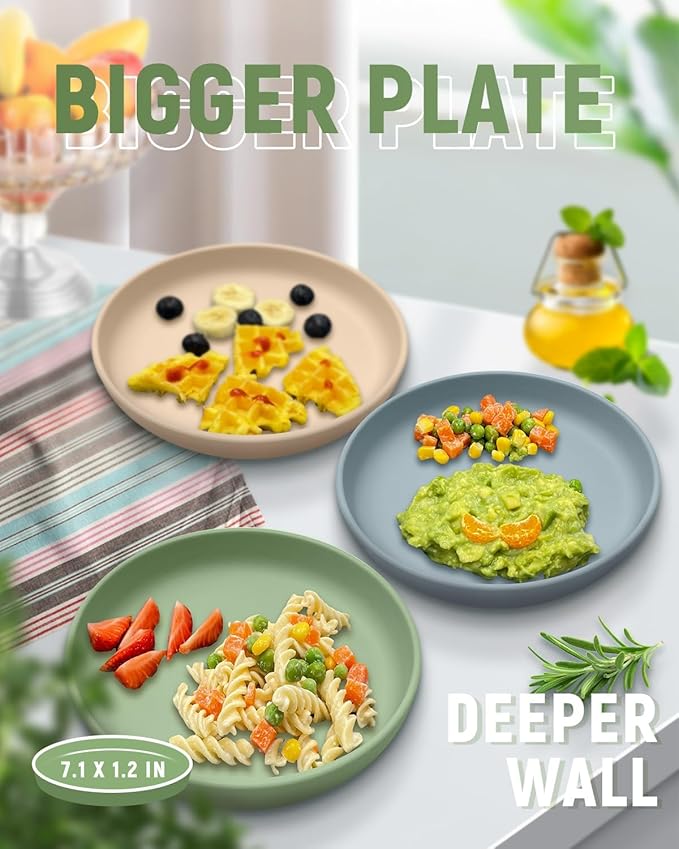Qyeejong Classic Toddler Plates with Suction 2 Pcs, BPA Free Silicone Baby Suction Plates, Stick Dinner Dishes for Baby Toddler Kids, Dishwasher Safe, Stackable