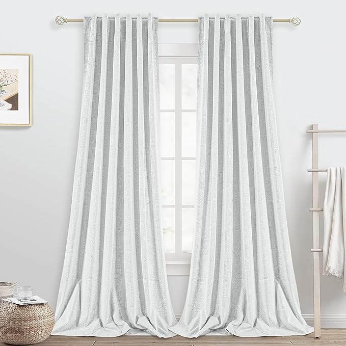 Static White Linen Blackout Curtains 2 Panels Set for Bedroom Back Tab Thermal Insulated 100% Black Out Linen Drapes Living Room Darkening Window Curtains 96 Inches Long 8 FT