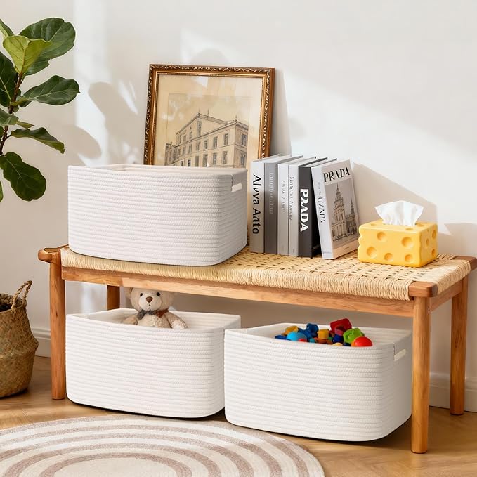 2 Pack Large Storage Basket for Organizing, 17.5"x13.5"x7.5" Woven Basket for Shelves, Closet Cube Storage Bins with Wrapped Handle, Cotton Rope Baskets for Kitchen, Clothes, Toys(Off White)