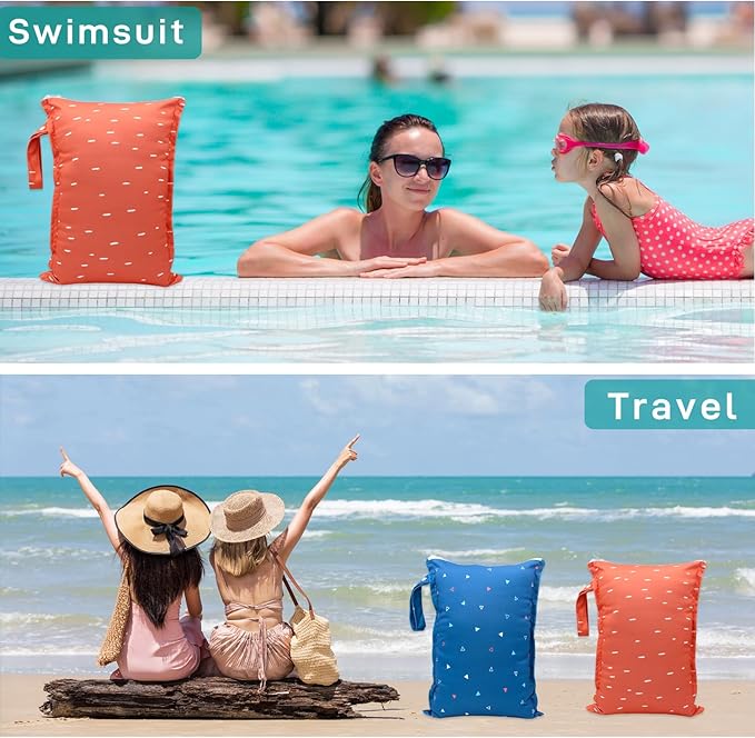 Wet Dry Bag 2pcs Waterproof Reusable Wet Bag for Swimsuits, Baby Cloth Diaper, Travel, Beach, Pool, Bathing Suit, Gym Wet Clothes (Red Blue)