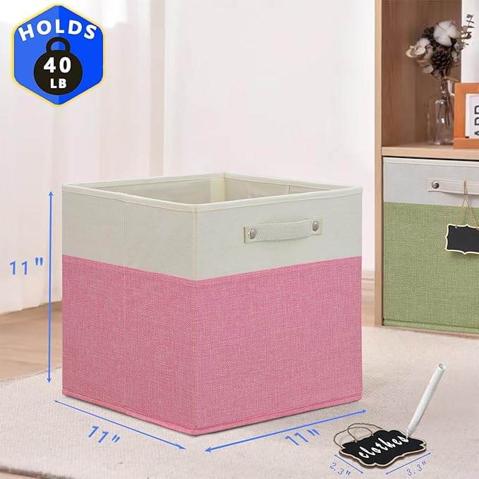 Foldable Fabric Storage Cubes, 11x11x11, 4 Pack with Labels, Linen Kallax Storage Organizer Bins (White, Pink)