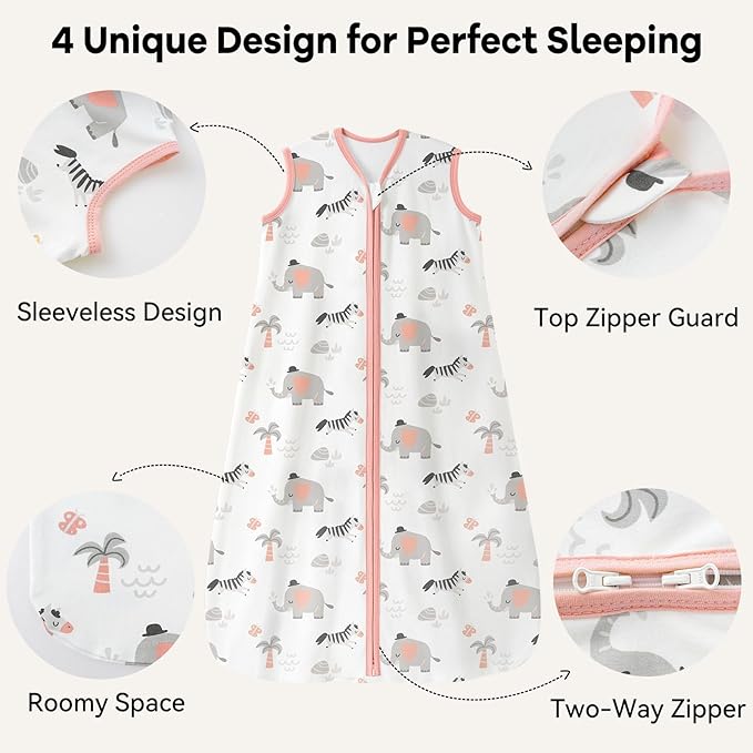Unnivoll Baby Sleep Sack 0-6 Months 3 Pack 100% Cotton Lightweight 0.5 TOG Wearable Blanket Baby Sleep Bag with 2-Way Zipper for Newborn Infant Pink Apricot Gray Zebra