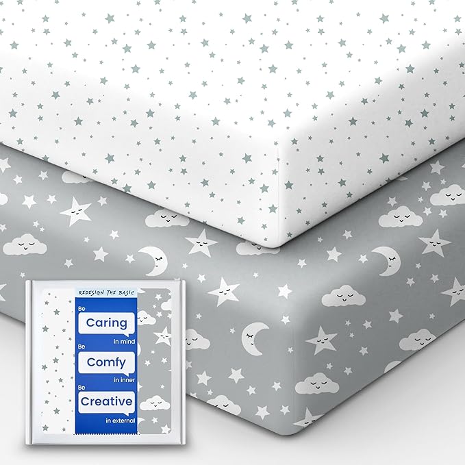 TotBasic Crib Fitted Sheet Star, Super Stretchy Jersey Crib Sheets, Buttery Soft Boy Crib Mattress Sheets, Ultra Breathable Baby Bed Sheets 28x52x9 Extra Deep Pocket, 2 Pack