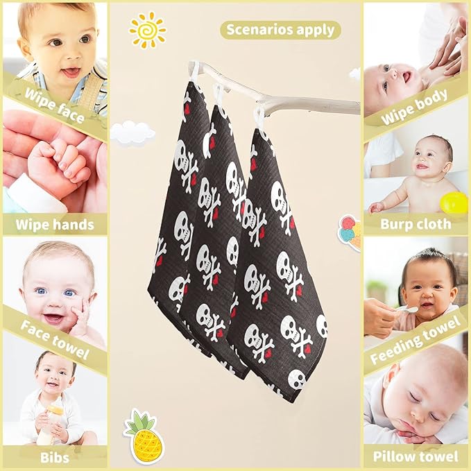 Baby Washcloths Cotton Skull Red Heart Baby Muslin Washcloths Soft Baby Face Towel for Newborn Infants Baby Wipes, 11.8 X 11.8 Inch, 5 Pack