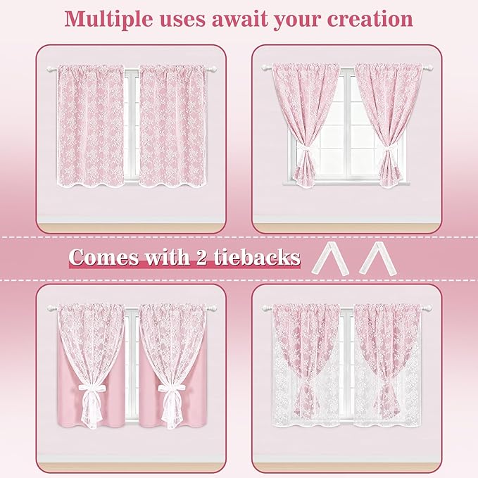 Yinhua Pink Kitchen Curtains 36 Inch Length Double Layer Blackout Cafe Curtains with Floral Sheer Overlay Rod Pocket Short Curtain for Windows, Small Window Curtain for Bathroom, Living Room, 2 Panels