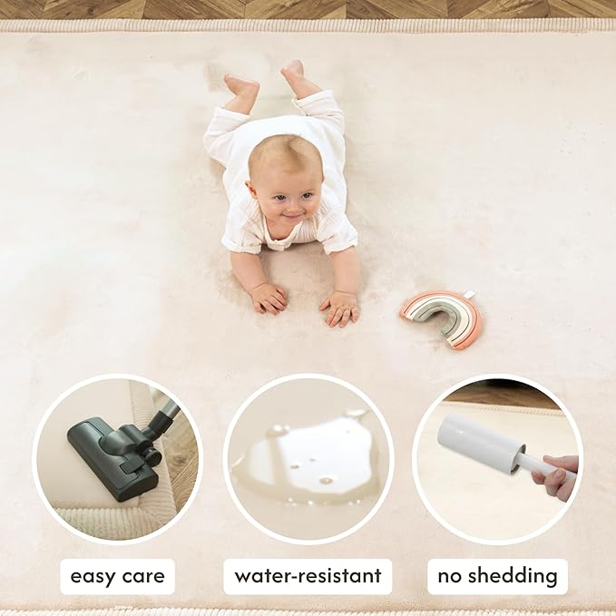 Hakuna Matte CloudSoft Baby Play Mat for Floor 47" x 67" Beige – Coral Velvet Memory Foam Rug for Crawling & Cozy Play – Non-Slip, Water-Resistant, Easy-CareTummy Time Mat, Playmat for Playpen