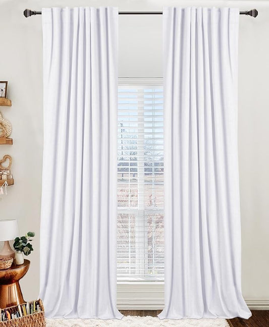 100% Blackout Shield Linen Blackout Curtains for Bedroom 120 Inches Long, Back Tab/Rod Pocket Living Room Drapes, Thermal Insulated Blackout Curtains 2 Panels Set, 50" W x 120" L, Bright White