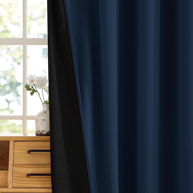 RYB HOME 100% Blackout Curtains 63 inches Length, Thermal Insulated Total Room Darkening Noise Reducing Curtains for Bedroom Dorm Sleep, 52 inches Wide by 63 inches Long, Navy Blue