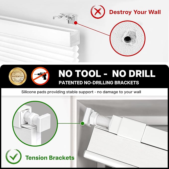 LazBlinds Cordless Cellular Shades, No Tools No Drill Light Filtering Honeycomb Shades Pleated Blinds for Windows, 41'' W x 64'' H, White