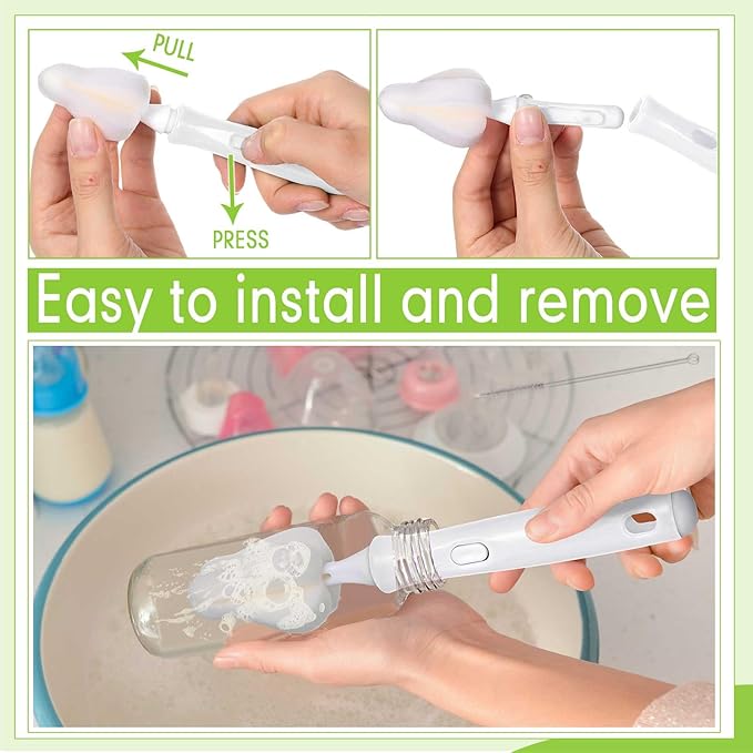 Willinglong 22 Pcs Sponge Bottle Nipple Brushes Set Including 12 Pcs Bottle Sponge Brush Heads 6 Interchangeable Nipple Brush Handles and 4 Long Straw Brushes for Baby Bottles (White and Green Handle)