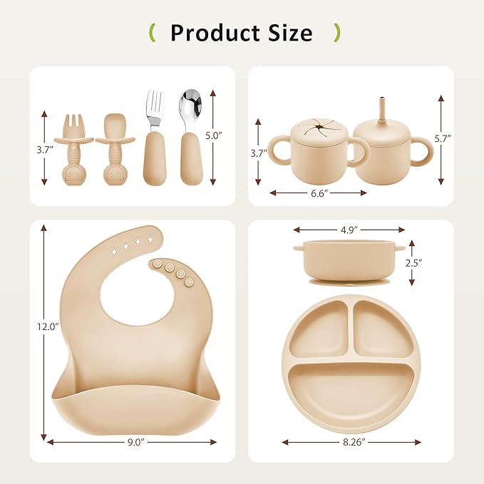 Bufims Silicone Baby Feeding Set, Baby Led Weaning Supplies, Eating Essentials Utensils with Suction Plate and Bowl, Pocket Bib, Sippy Cup with Lid, Forks Spoons Snack Container, for 6+ Months, Beige