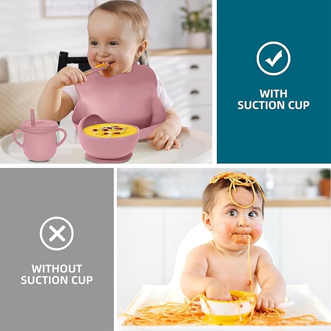 Dormlony 100% Silicone Baby Feeding Set,BPA Free Baby Dishes Set with Suction Bowl Divided Plate,Toddler Self Feeding Dish Set with Spoons Forks Sippy Cup and Bib, Baby Eating Utensils (Coral)