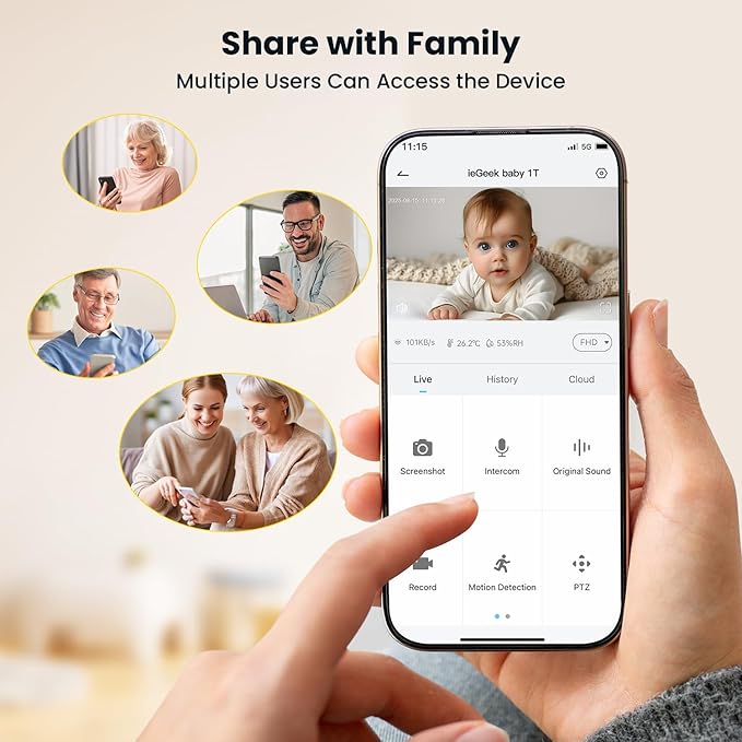 ieGeek Baby Monitor with 5" HD Screen, 2K Camera & Night Vision – WiFi/No-WiFi Dual Mode, PTZ, Cry/Motion Detection, 2-Way Audio, Temp/Humidity Sensor, Auto Tracking, Secure App & Remote Contro