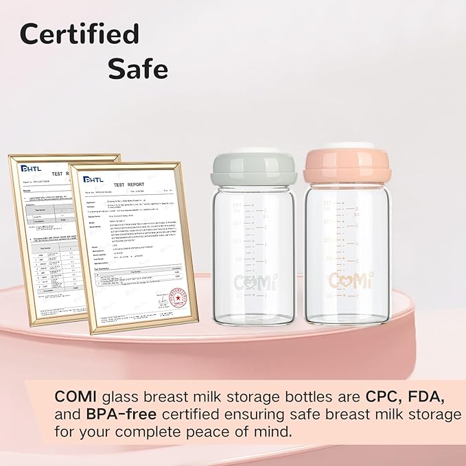 COMI Natural Glass Baby Bottle,Breastmilk Storage Bottle for Fridge,Wide Neck Breast Milk Container with Dome Cap,Fits Breast Pumps & Nipples,BPA Free,4PCS (6oz,4 Gray Lids)