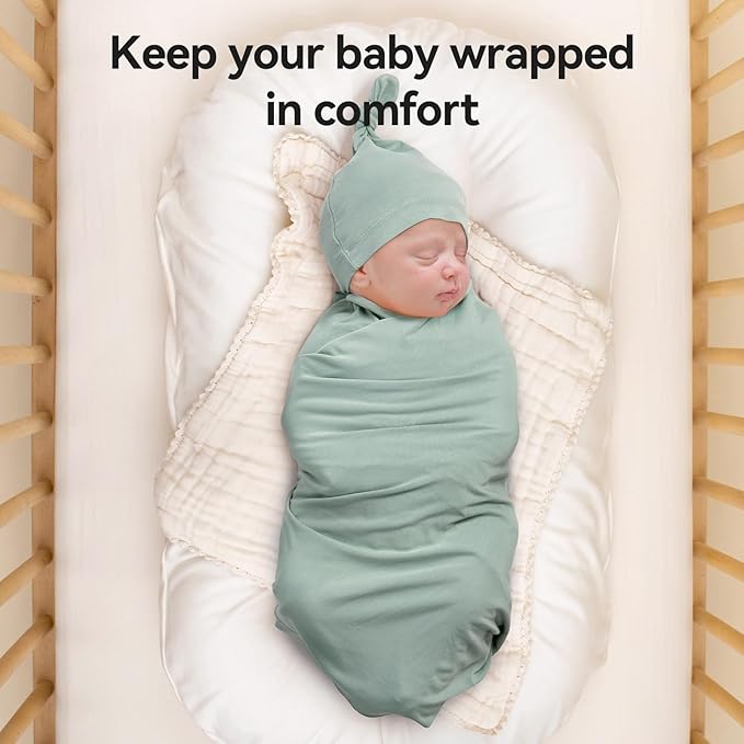 Rayon Made from Bamboo Newborn Swaddle Blanket Set with Matching Beanie, Super Soft Stretchy Baby Clothes Outfit for Girl Boy, Receiving Blankets Newborn Essentials, 35 x 35 Inch