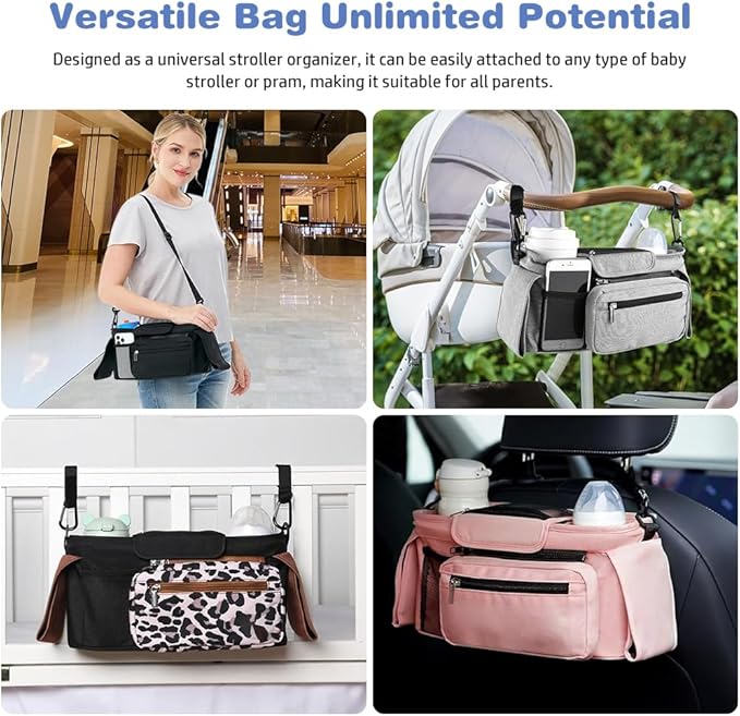 Baby Stroller Organizer, Universal Stroller Organizer with Detachable Phone Bag, Stroller Caddy with 2 Insulated Cup Holders, Buggy Organizer Bag with 2 Hooks Fits Most Strollers (Balck)