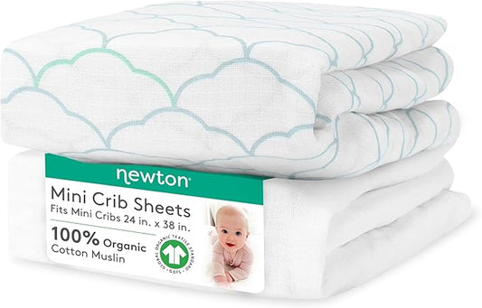 Newton Baby MINI CRIB Fitted Sheets (2-Pack) | Organic Muslin Cotton, Breathable Soft Baby Sheets, Washable Baby Mattress Sheets, Fits Any Mini Sized Crib 24" x 38", Dreamweaver Moonstone Mist + White