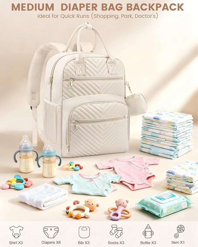 Diaper Bag Backpack,Baby Essentials Diapers Bag with Pacifier Case,Multipurpose Stylish Large Capacity Travel Backpack for Baby Girl/Boy(M-Beige)