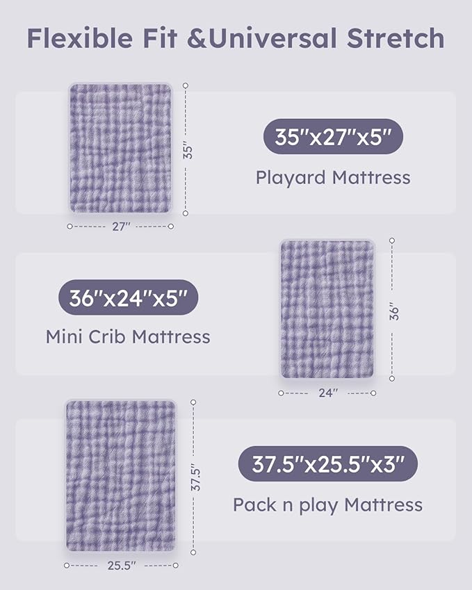 Muslin Pack and Play Sheets Fitted, 100% Cotton Mini Crib Sheets 2 Pack for Pack N Play Mattress, Stretchy Playard Sheet, Soft and Breathable Pink & Purple