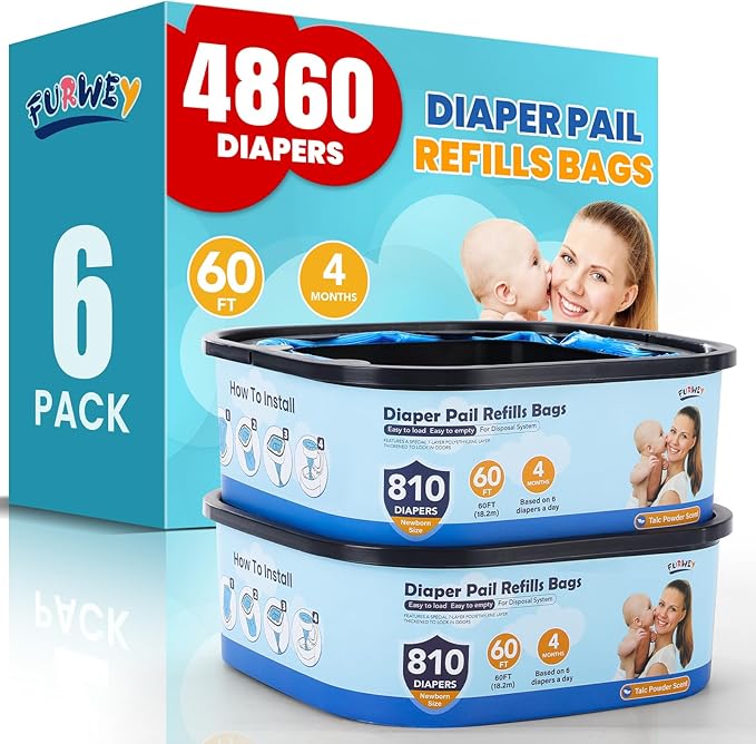 Diaper Pail Refill Bags,7-Layer Odor Prevention Technology,Thickened Design - Hold up to 810 Newborn-Sized Diaper Pail Bags- Pack of 6